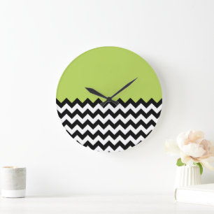Black and White Zigzag Pattern, Chevron, Green Large Clock