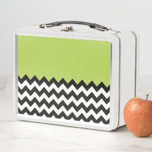 Black and White Zigzag Pattern, Chevron, Green Metal Lunch Box