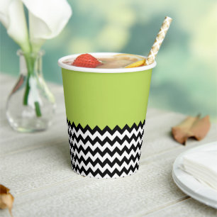 Black and White Zigzag Pattern, Chevron, Green Paper Cups