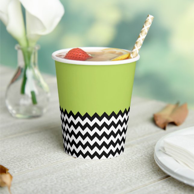 Black and White Zigzag Pattern, Chevron, Green Paper Cups (Insitu)