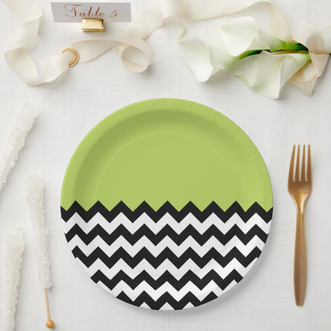 Black and White Zigzag Pattern, Chevron, Green Paper Plate (Wedding)