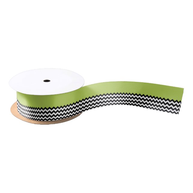 Black and White Zigzag Pattern, Chevron, Green Satin Ribbon (Spool)