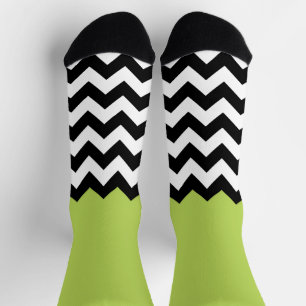 Black and White Zigzag Pattern, Chevron, Green Socks