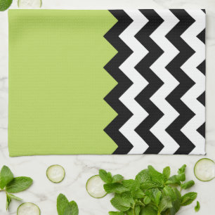 Black and White Zigzag Pattern, Chevron, Green Tea Towel