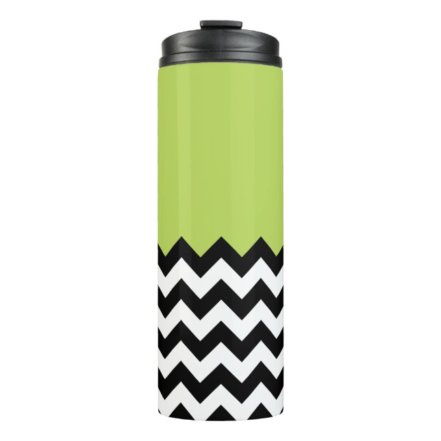 Black and White Zigzag Pattern, Chevron, Green Thermal Tumbler (Front)