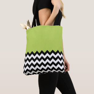 Black and White Zigzag Pattern, Chevron, Green Tote Bag