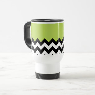 Black and White Zigzag Pattern, Chevron, Green Travel Mug