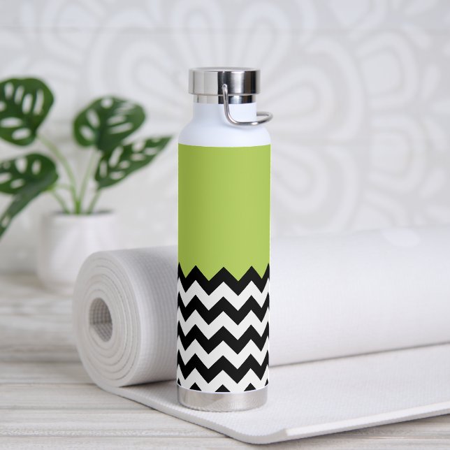 Black and White Zigzag Pattern, Chevron, Green Water Bottle (Yoga)