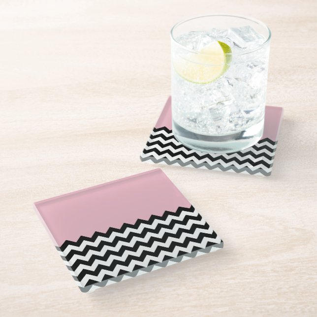 Black and White Zigzag Pattern, Chevron, Pink Glass Coaster (Angled)
