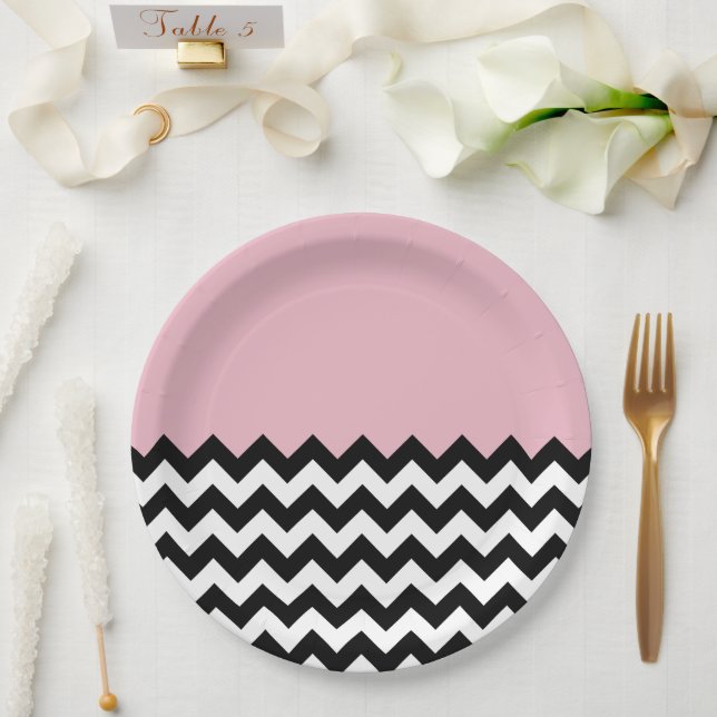Black and White Zigzag Pattern, Chevron, Pink Paper Plate (Wedding)