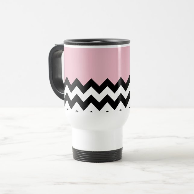 Black and White Zigzag Pattern, Chevron, Pink Travel Mug (Front Left)