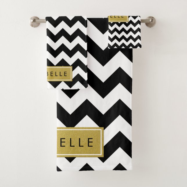 Black and White Zigzag Pattern, Your Name Bath Towel Set (Insitu)