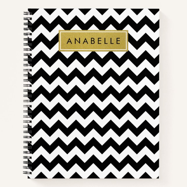 Black and White Zigzag Pattern, Your Name Notebook (Front)