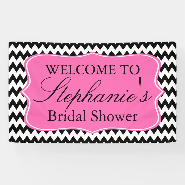 Black and White Zigzag with Hot Pink Bridal Shower Banner (Horizontal)
