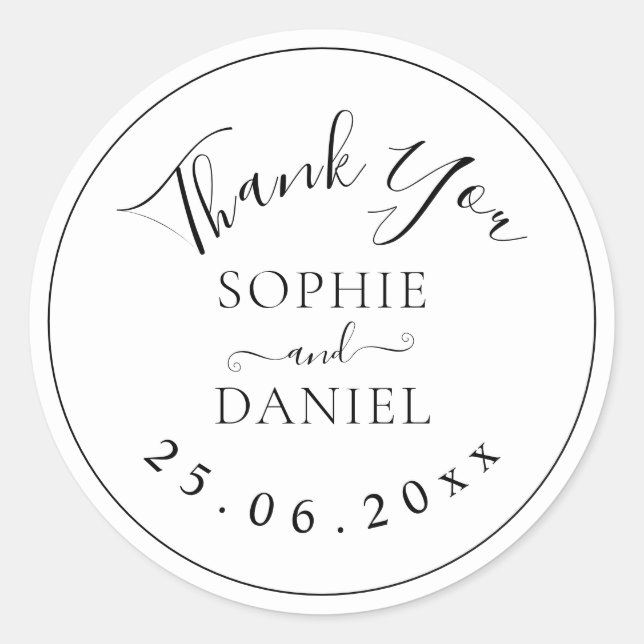 Black And Withe Modern Thank You Wedding Favours Classic Round Sticker (Front)