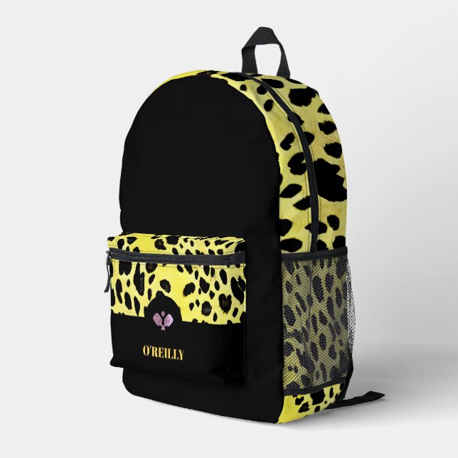 Black and Yellow Animal Print  Modern Monogram Printed Backpack (Back Corner Right)