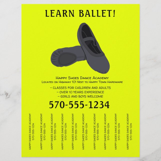Black and Yellow Ballet Dance Tear Off Strips Flyer (Front)