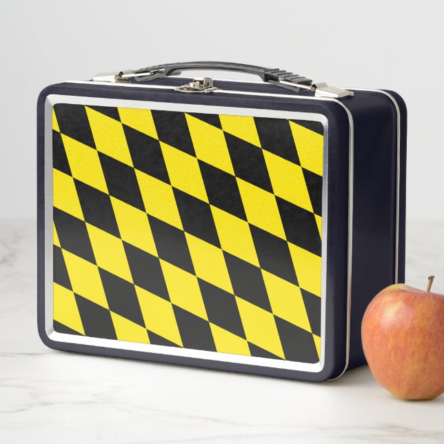 Black and Yellow Bavaria Diamond Flag Pattern Metal Lunch Box (In Situ)