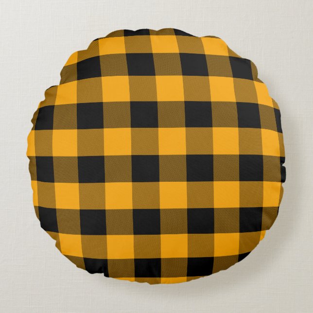 Black and Yellow Buffalo Plaid Pattern Round Cushion (Front)