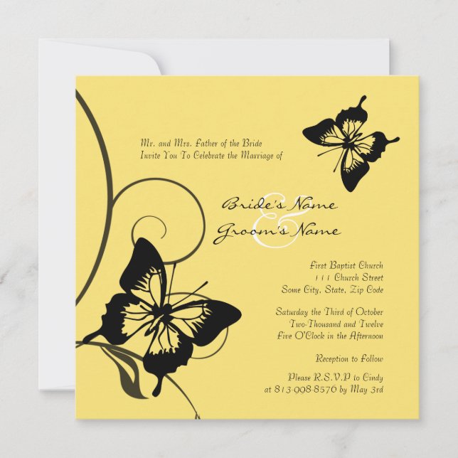 Black and Yellow Butterfly Wedding Invitation (Front)