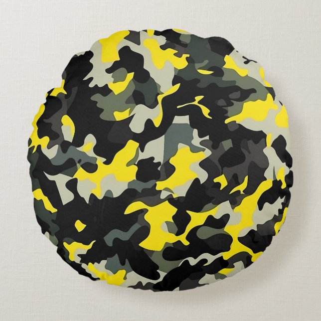 Black and Yellow Camouflage Pattern Round Cushion (Front)