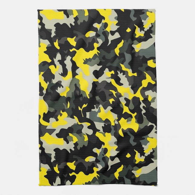 Black and Yellow Camouflage Pattern Tea Towel (Vertical)
