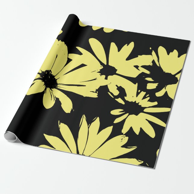 Black and Yellow Daisies Wrapping Paper (Unrolled)
