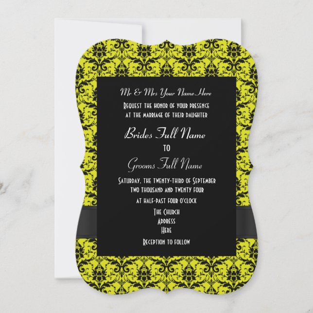 Black and yellow damask formal wedding invitation (Front)