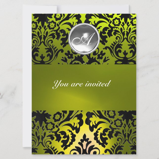 BLACK AND YELLOW DAMASK GEM STONE MONOGRAM INVITATION (Front)