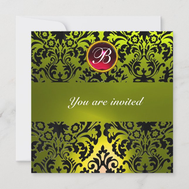 BLACK AND YELLOW DAMASK GEM STONE MONOGRAM INVITATION (Front)