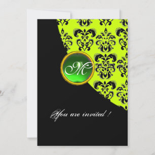 BLACK AND YELLOW DAMASK MONOGRAM,emerald green Invitation