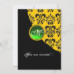 BLACK AND YELLOW DAMASK MONOGRAM,emerald green Invitation