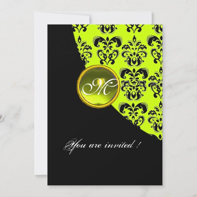 BLACK AND YELLOW DAMASK MONOGRAM,topaz green Invitation (Front)