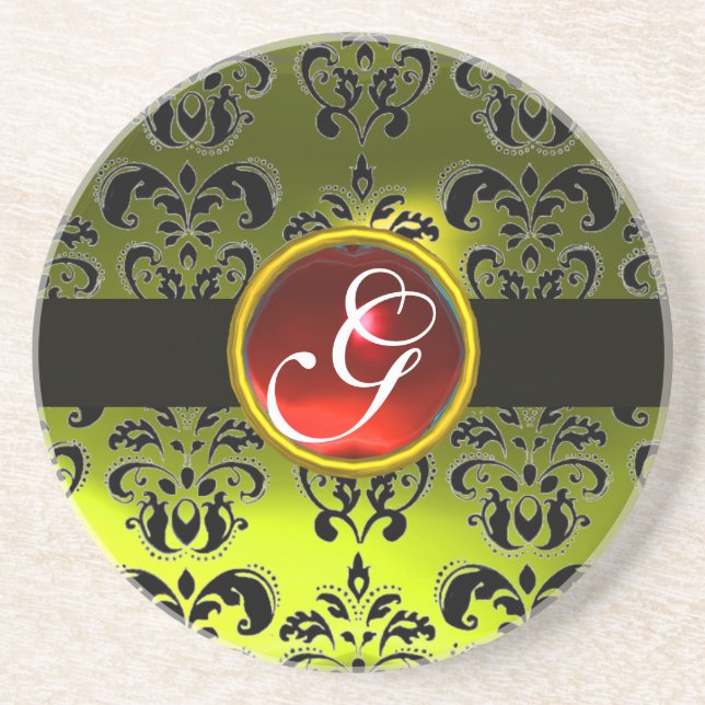 BLACK AND YELLOW DAMASK  Red Ruby Monogram Coaster (Front)