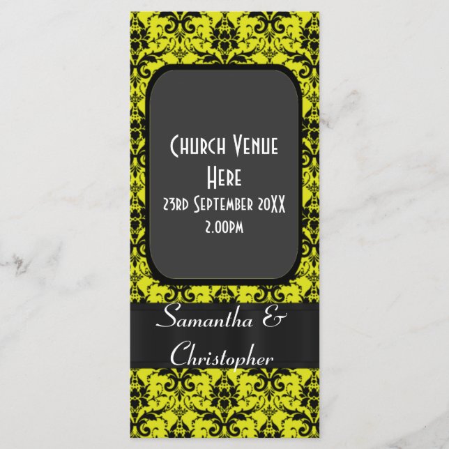Black and yellow damask wedding program programme (Front)