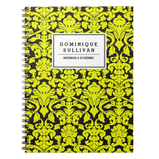 Black and Yellow Floral Damask Personalised Notebook (Front)