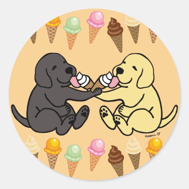 Black and Yellow Labradors Sharing Ice Cream Classic Round Sticker (Front)