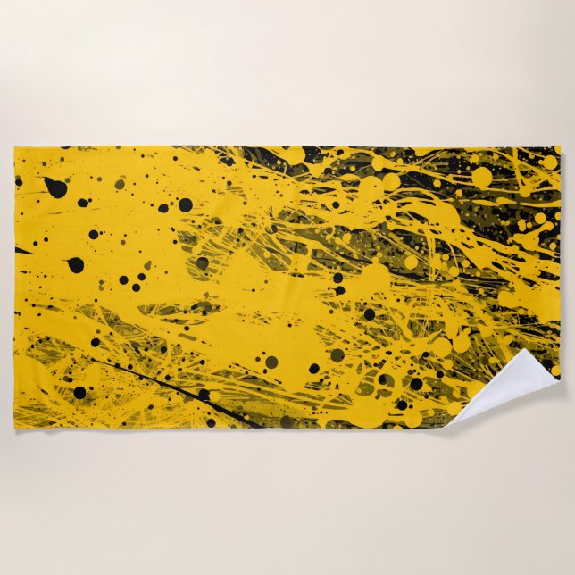 Black and Yellow Paint Splashes Beach Towel (Front)