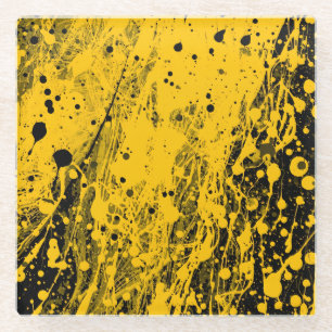 Black and Yellow Paint Splashes Glass Coaster