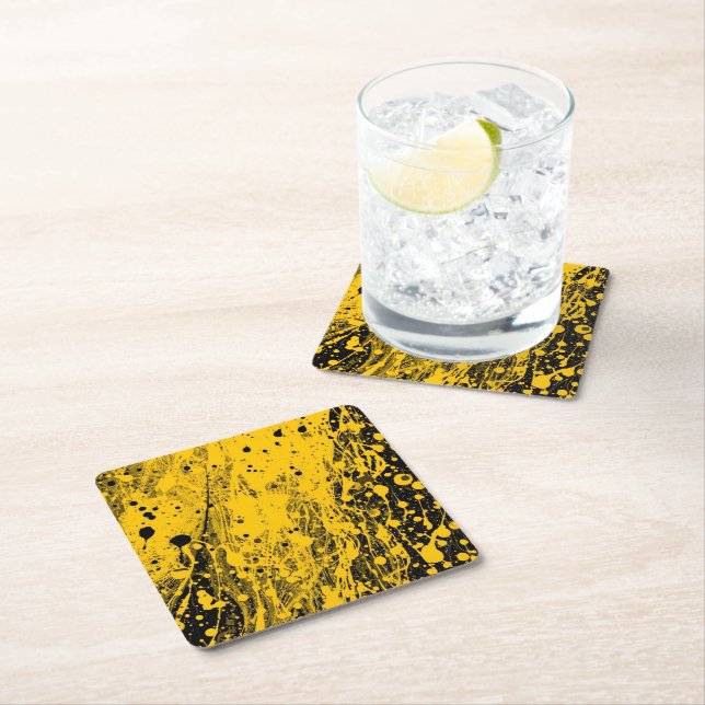 Black and Yellow Paint Splashes Square Paper Coaster (Insitu)