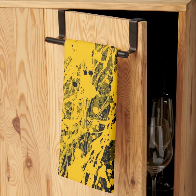 Black and Yellow Paint Splashes Tea Towel (Thirds Fold)