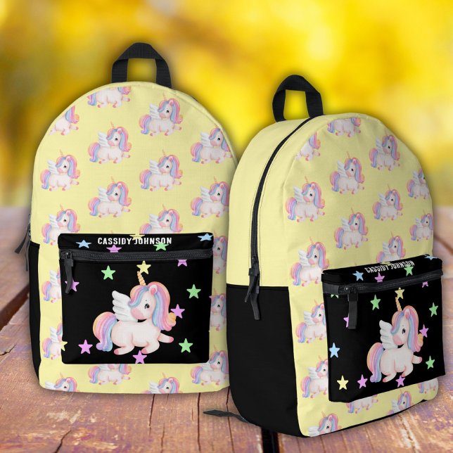 Black and yellow rainbow unicorn name  printed backpack (Creator Uploaded)