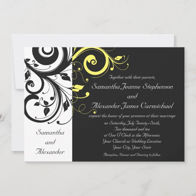 Black and Yellow Reverse Swirl Invitation (Front)