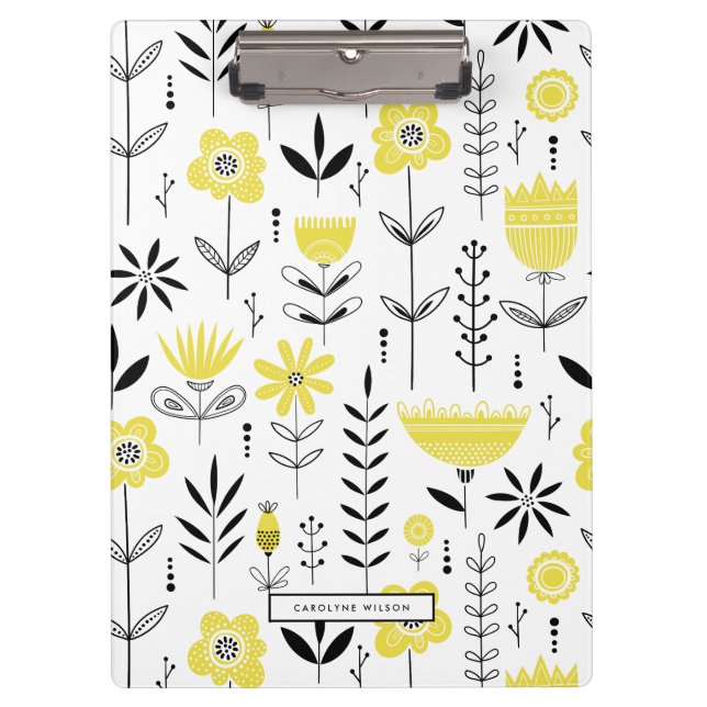 Black and Yellow Scandinavian Floral Pattern Clipboard (Front)