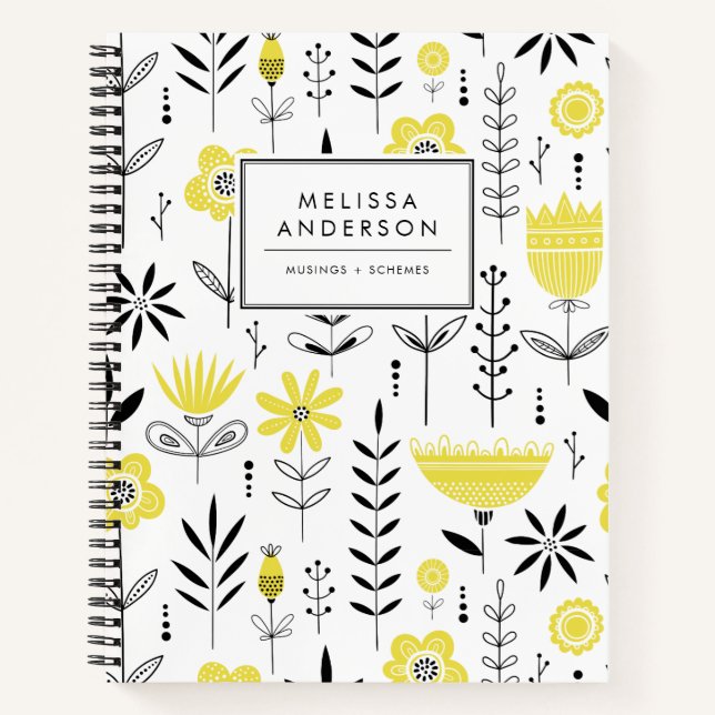 Black and Yellow Scandinavian Floral Pattern Notebook (Front)