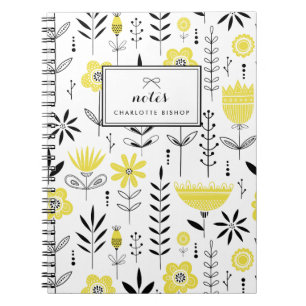 Black and Yellow Scandinavian Floral Pattern Notebook