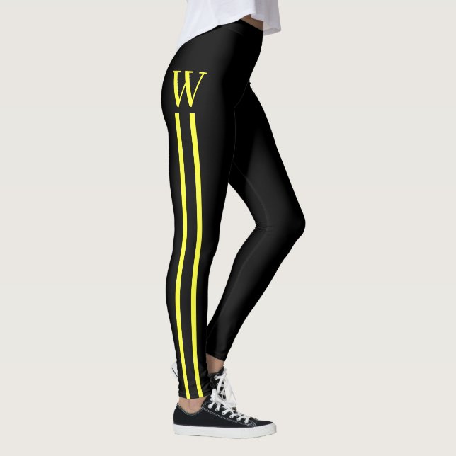 Black and Yellow Side Striped Monogram Athletic Leggings (Right)