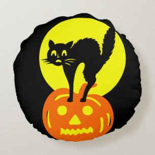 Black and Yellow skulls Pumpkin Cat Halloween Round Cushion