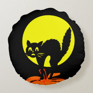 Black and Yellow skulls Pumpkin Cat Halloween Round Cushion