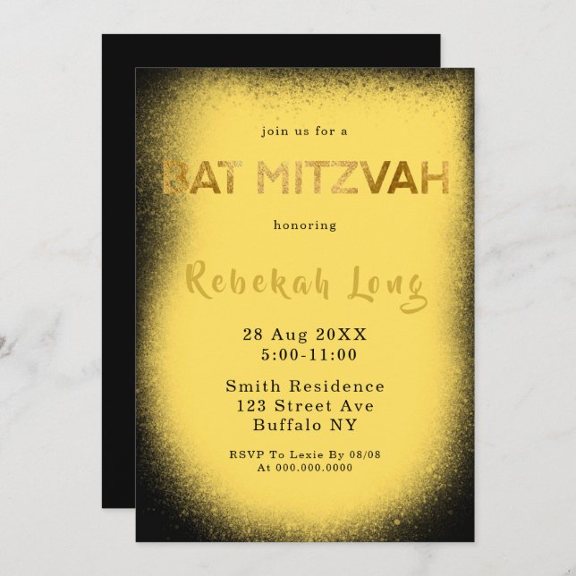 Black and Yellow Smoke Bat Mitzvah Invitations (Front/Back)